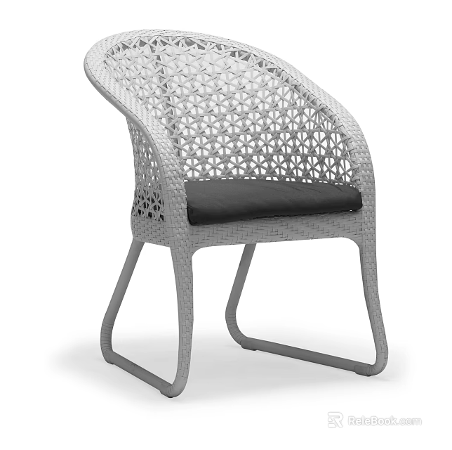 Gray Outdoor Chair With Woven Hollow Backrest Black Cushion And Metal Frame Legs 3d model 