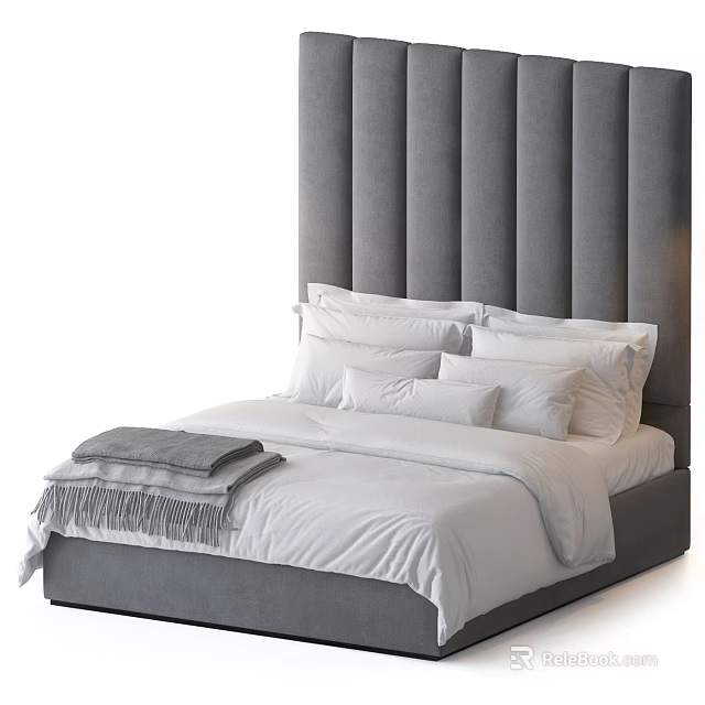 Modern Double Bed with Gray Vertical Tufted Headboard White Bedding and Gray Blanket 3d model 