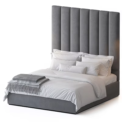 Modern Double Bed with Gray Vertical Tufted Headboard White Bedding and Gray Blanket 3d model