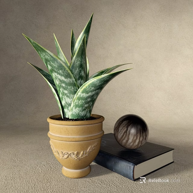 Potted Sansevieria in Yellow Ceramic Pot with Carved Patterns alongside Decorative Ball and Black Book 3d model 