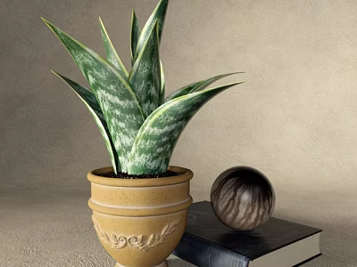 Potted Sansevieria in Yellow Ceramic Pot with Carved Patterns alongside Decorative Ball and Black Book 3d model