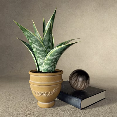 Potted Sansevieria in Yellow Ceramic Pot with Carved Patterns alongside Decorative Ball and Black Book 3d model