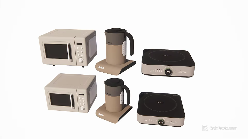 Modern Kitchen Appliances Set with Microwave Electric Kettle and Induction Cooker in Beige Design 3d model 