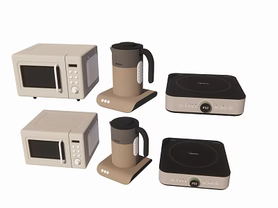 Modern Kitchen Appliances Set with Microwave Electric Kettle and Induction Cooker in Beige Design 3d model