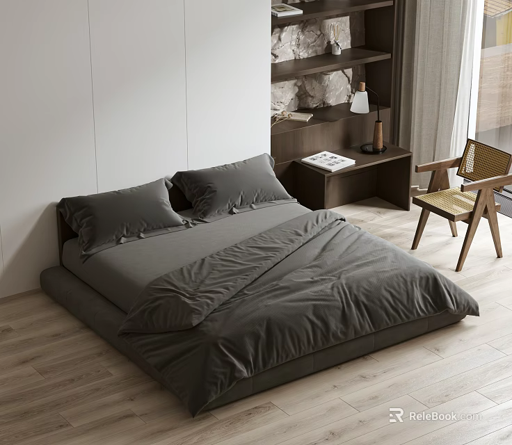 Double Bed with Gray Bedding Wooden Nightstand Wicker Chair White Walls Wooden Floor Stone Shelf 3d model 