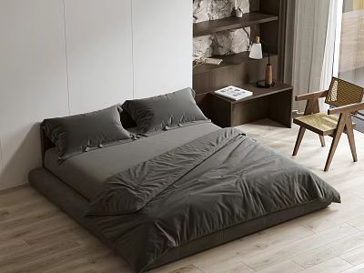 Double Bed with Gray Bedding Wooden Nightstand Wicker Chair White Walls Wooden Floor Stone Shelf 3d model