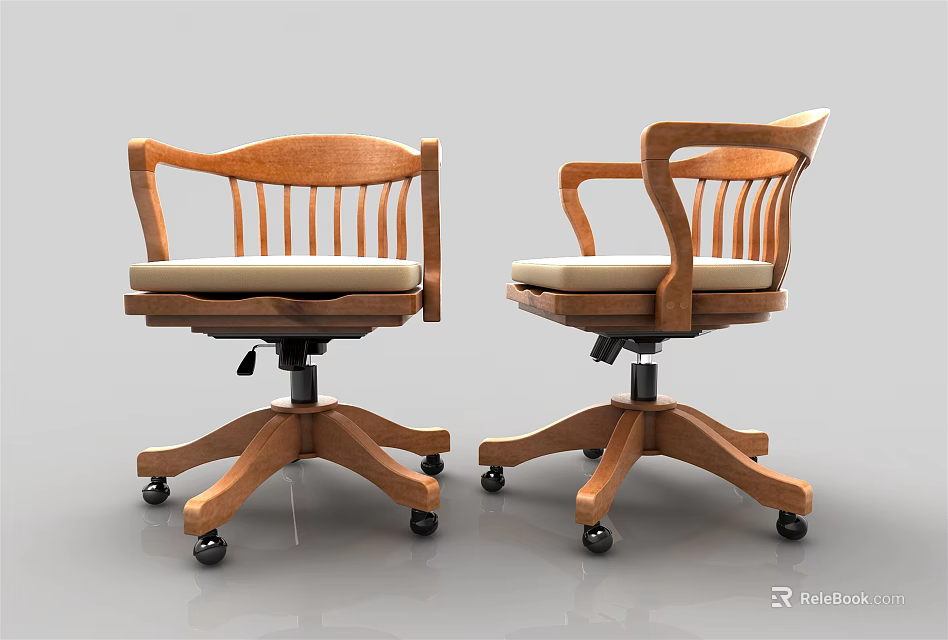 Wooden Frame Office Chair With Armrests Light Padded Seat And Five Wheel Base 3d model 