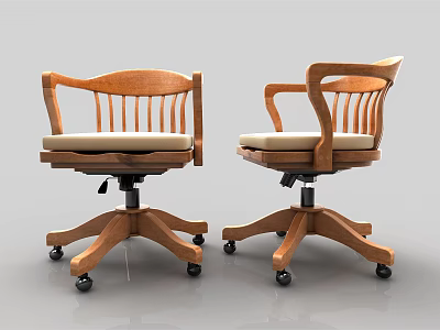 Wooden Frame Office Chair With Armrests Light Padded Seat And Five Wheel Base 3d model
