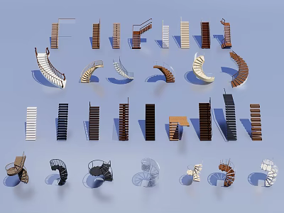 Various Staircase Designs Featuring Spiral Straight And Curved Styles With Different Materials 3d model