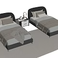 Single Beds With Black Leather Headboards Beige Bedding Nightstand Lamp Alarm Clock On Striped Rug