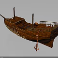 Traditional Wooden Watercraft Featuring Deck Railings Anchor Chain And Classic Design