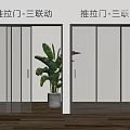 Modern Triple Sliding Glass Doors With Light Wall Wooden Floor And Green Plant