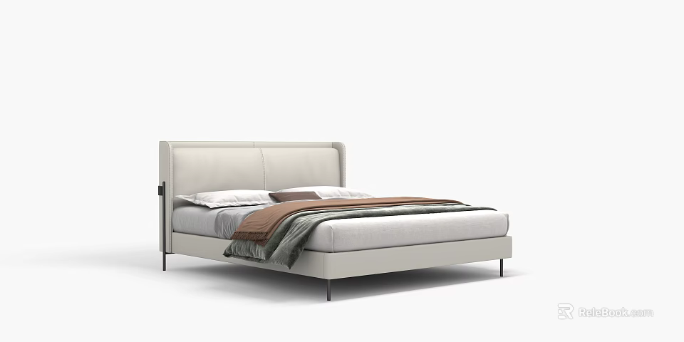 Modern Double Bed With Sleek Frame Upholstered Headboard And Neutral Bedding 3d model