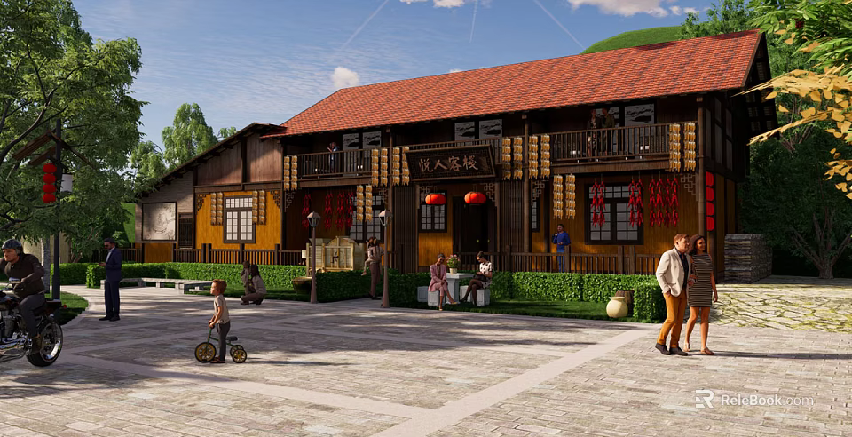 Traditional Chinese Style Boutique Guesthouse Building with Red Tile Roof and Wooden Structure in Courtyard 3d model 