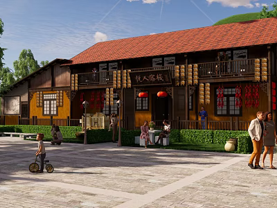 Traditional Chinese Style Boutique Guesthouse Building with Red Tile Roof and Wooden Structure in Courtyard 3d model