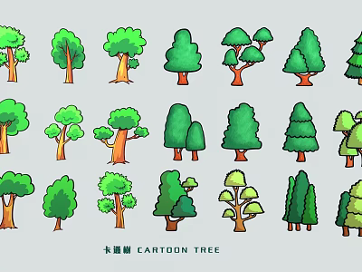 Hand-painted green trees big trees small trees pine trees fruit trees garden trees geometric trees cartoon trees 3d model