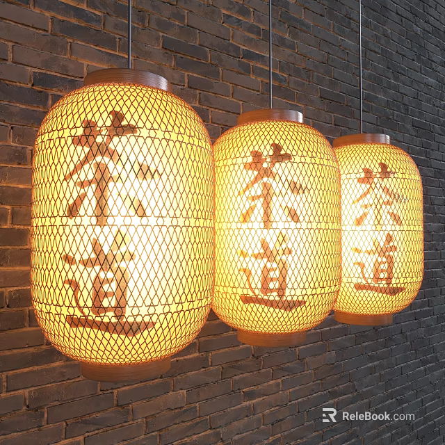 Traditional Chinese Lanterns With Tea Ceremony Characters Yellow Illuminated Woven Design on Brick Wall Background 3d model 
