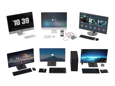 Multiple Computer Monitors With Keyboards Mice Tower And Various Screen Displays 3d model