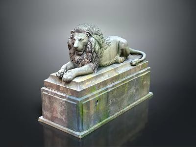 Detailed Reclining Lion Sculpture With Carved Pedestal And Artistic Carving Details 3d model