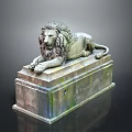 Detailed Reclining Lion Sculpture With Carved Pedestal And Artistic Carving Details