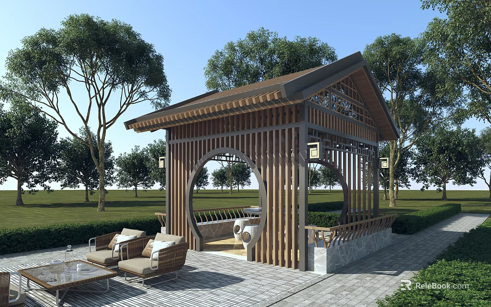 Traditional Chinese Style Wooden Pavilion in Garden With Trees Lawn And Seating Furniture 3d model 