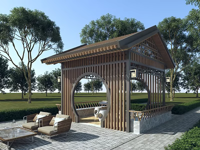 Traditional Chinese Style Wooden Pavilion in Garden With Trees Lawn And Seating Furniture 3d model