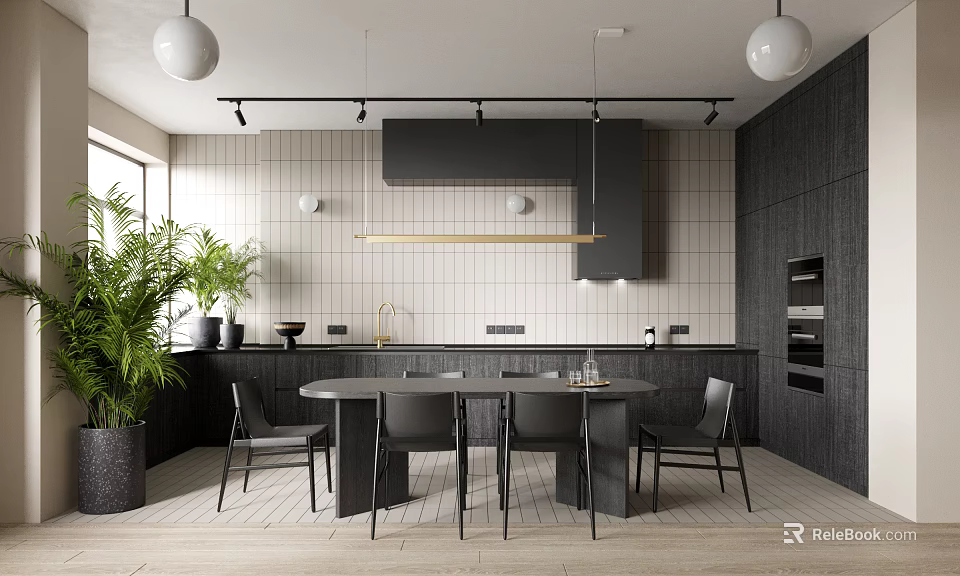 Modern Dining Living Room Interior With Dark Cabinets Dining Table Chairs Pendant Lights And Green Plants 3d model 