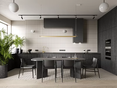 Modern Dining Living Room Interior With Dark Cabinets Dining Table Chairs Pendant Lights And Green Plants 3d model