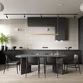 Modern Dining Living Room Interior With Dark Cabinets Dining Table Chairs Pendant Lights And Green Plants