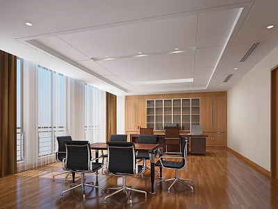 Modern Office Interior With Wooden Flooring Large Windows Curtains Black Chairs And Recessed Lighting 3d model