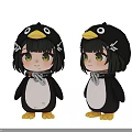 Cute Cartoon Penguin Characters In Black White Costumes With Yellow Beaks Red Eye Details