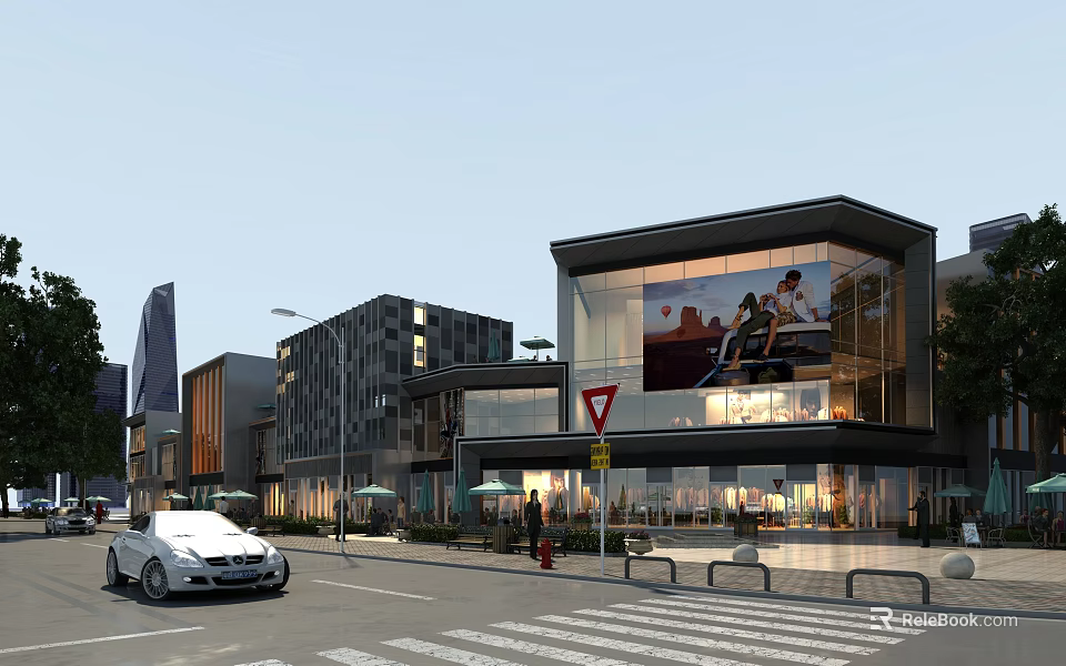 Modern Commercial Street with Modern Architecture Glass Facades Retail Shops and Pedestrians Cars 3d model 