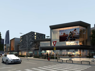 Modern Commercial Street with Modern Architecture Glass Facades Retail Shops and Pedestrians Cars 3d model