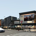 Modern Commercial Street with Modern Architecture Glass Facades Retail Shops and Pedestrians Cars