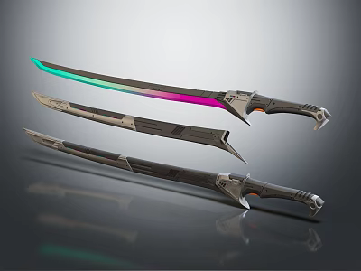 Futuristic Sci Fi Blades With Neon Colored Edges And Metallic Handles Set of Three 3d model
