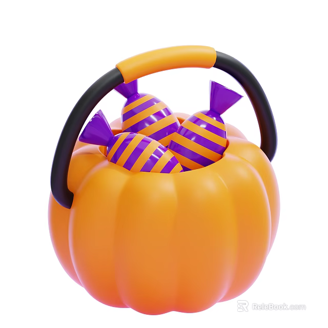 Halloween Decorative Ornament Set With Orange Pumpkin Basket And Purple Striped Candies 3d model 