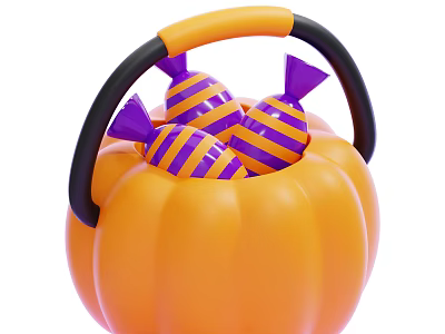 Halloween Decorative Ornament Set With Orange Pumpkin Basket And Purple Striped Candies 3d model