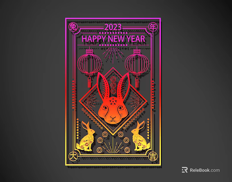 Vibrant 2023 Happy New Year Design With Rabbit Lanterns And Decorations 3d model 