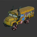 Yellow School Bus With Black Horns White Cross Pattern Tires And Colorful Graffiti Design