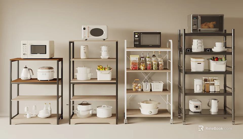 Multiple Kitchen Shelving Units With Microwaves Rice Cookers Bowls Jars And Kitchen Supplies 3d model 