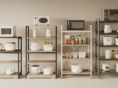 Multiple Kitchen Shelving Units With Microwaves Rice Cookers Bowls Jars And Kitchen Supplies 3d model