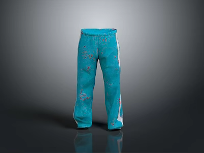 Turquoise Casual Pants With Decorative Red Patterns And White Side Stripes For Everyday Wear 3d model