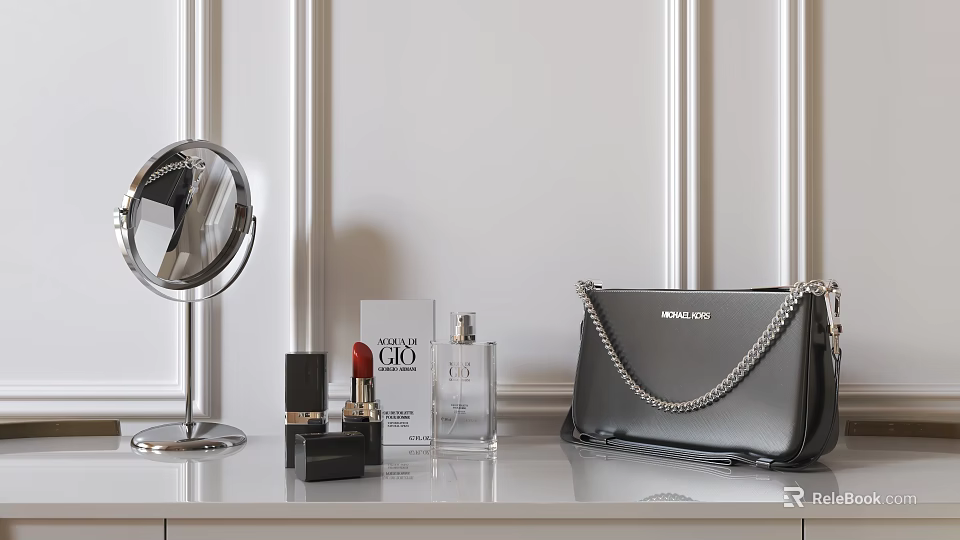 Elegant Decorative Ornament Set with Round Mirror Lipstick Perfume and Michael Kors Handbag 3d model 