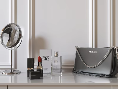 Elegant Decorative Ornament Set with Round Mirror Lipstick Perfume and Michael Kors Handbag 3d model