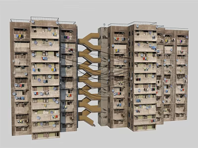 Multi Storey Residential Building With Connected Structure And Balconies With Clothes 3d model