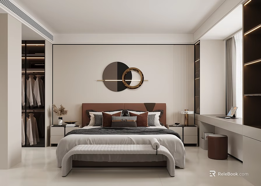 Modern Minimalist Bedroom Interior With Circular Wall Art Bed Bench Nightstands And Wardrobes 3d model 