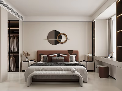 Modern Minimalist Bedroom Interior With Circular Wall Art Bed Bench Nightstands And Wardrobes 3d model