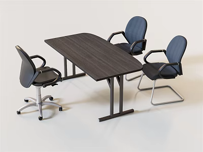 Dark Wooden Office Desk With Three Chairs Including Wheeled And Fixed Leg In Modern Workspace 3d model