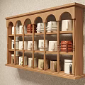 Decorative Mug Set On Wooden Shelf With Various Colors And Styles