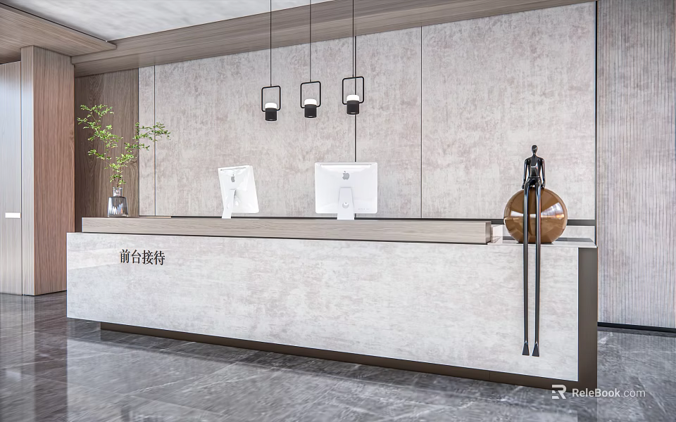Modern Reception Desk Interior With Hanging Lights Computer And Decorative Plant 3d model